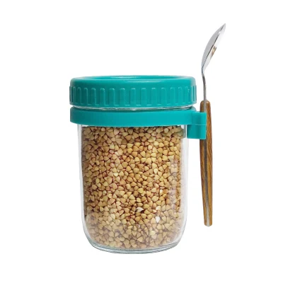 Pot Mason en verre réutilisable de 12oz, pot à salade en verre Portable, tasse à flocons d'avoine pour la nuit avec couvercle scellé en plastique et cuillère